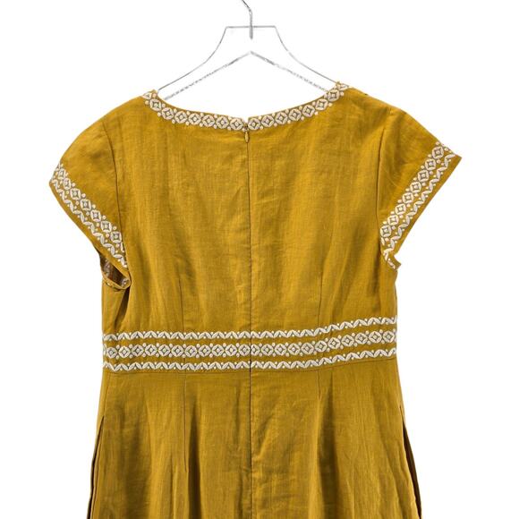 Boden Shift Dress Women 10 NEW 100% Linen Shift Mini Tuscan Yellow Embroidered - Picture 7 of 13